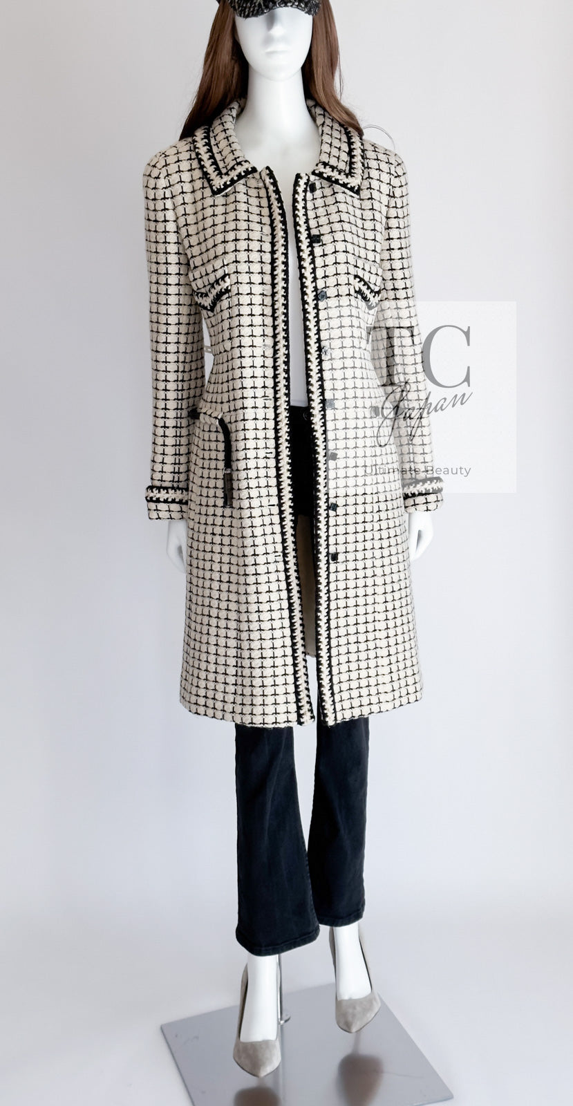 CHANEL 00A Ivory Beige Black Check Wool Alpaca Mohair Tweed Coat 38 | HK