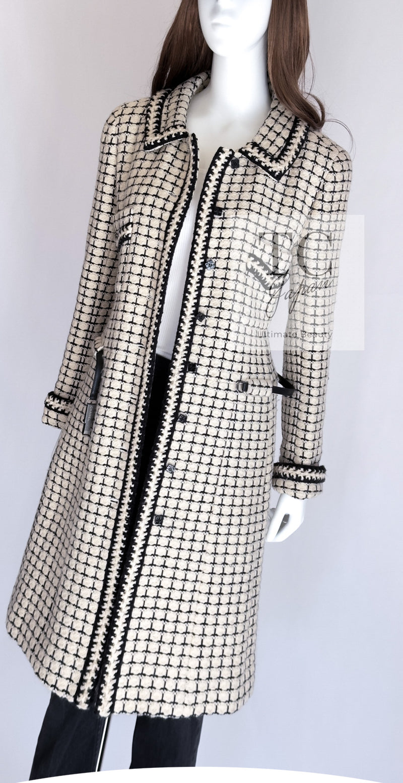 CHANEL 00A Creme Ivory Black Check Wool Alpaca Mohair Belt Tweed Coat 38 シャネル クリーム アイボリー ブラック チェック ウール アルパカ ベルト ツイード コート 即発