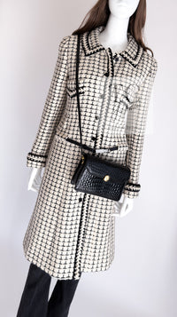 CHANEL 00A Creme Ivory Black Check Wool Alpaca Mohair Belt Tweed Coat 38 シャネル クリーム アイボリー ブラック チェック ウール アルパカ ベルト ツイード コート 即発