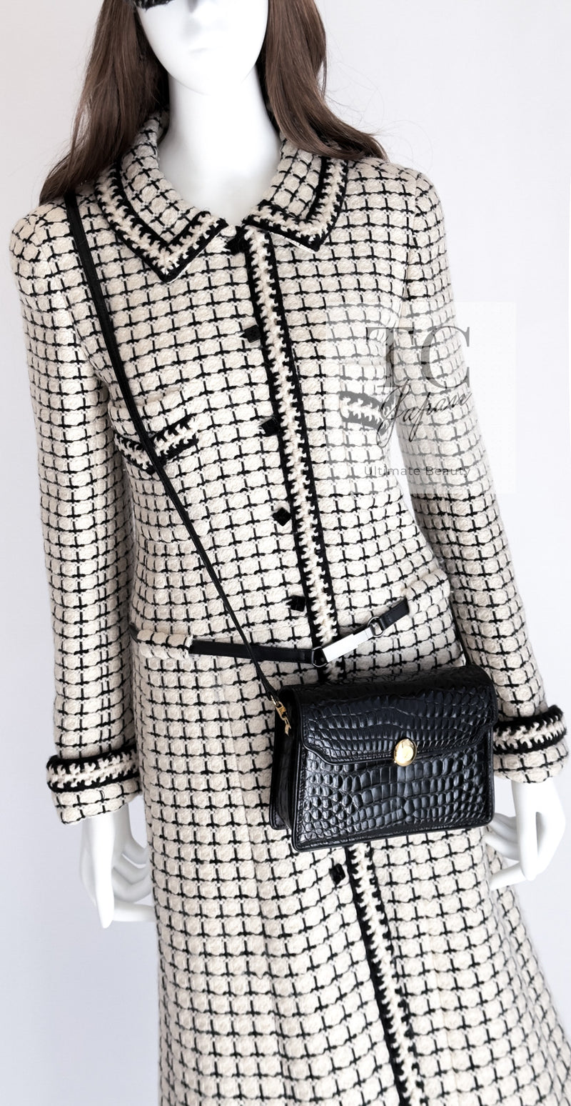 CHANEL 00A Creme Ivory Black Check Wool Alpaca Mohair Belt Tweed Coat 38 シャネル クリーム アイボリー ブラック チェック ウール アルパカ ベルト ツイード コート 即発