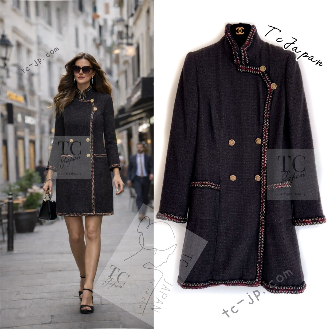 CHANEL 10PF Dark Brown Metallic Trim Wool Coat Dress 40 42 シャネル ダークブラウン メタリック トリム ウール コート ワンピース 即発
