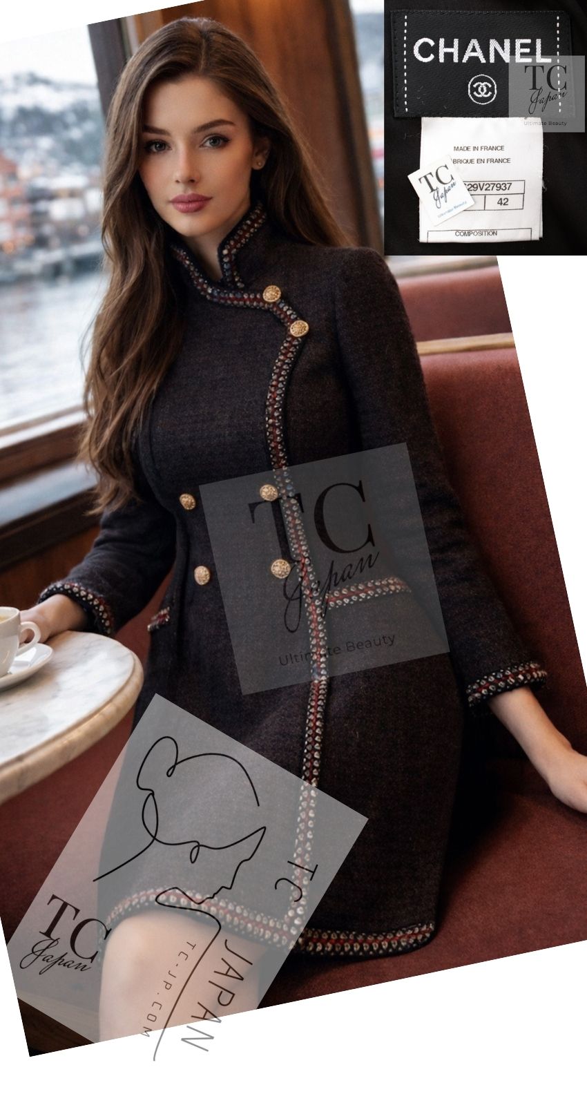 CHANEL 10PF Dark Brown Metallic Trim Wool Coat Dress 40 42 シャネル ダークブラウン メタリック トリム ウール コート ワンピース 即発