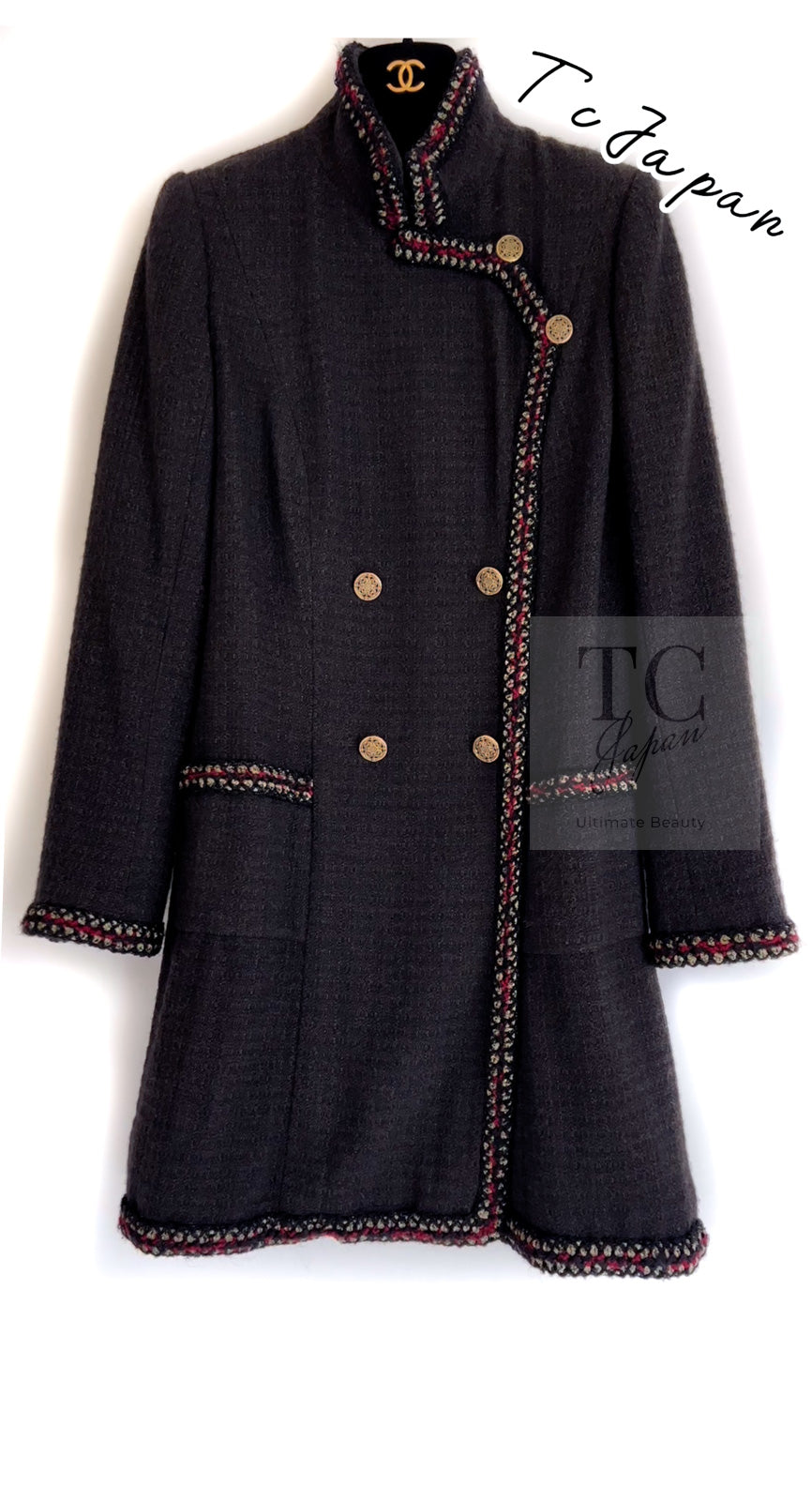 CHANEL 10PF Dark Brown Metallic Trim Wool Coat Dress 40 42 シャネル ダークブラウン メタリック トリム ウール コート ワンピース 即発