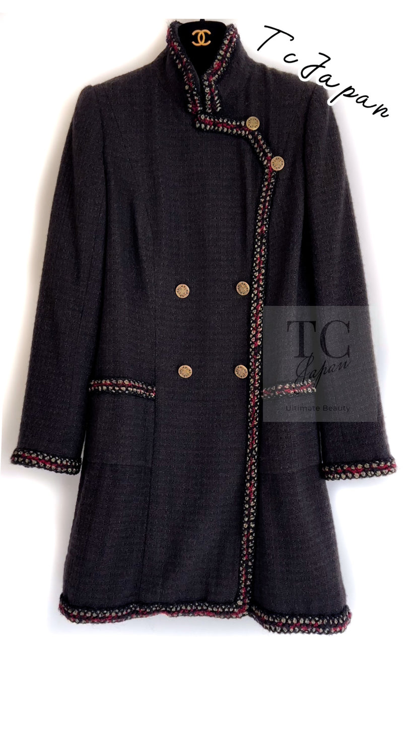 CHANEL 10PF Dark Brown Metallic Trim Wool Coat Dress 40 42 シャネル ダークブラウン メタリック トリム ウール コート ワンピース 即発