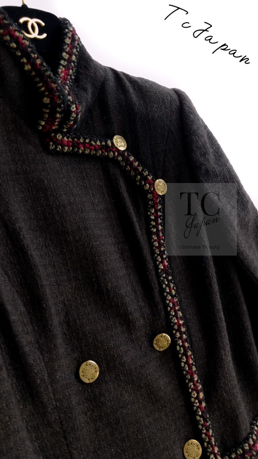 CHANEL 10PF Dark Brown Metallic Trim Wool Coat Dress 40 42 シャネル ダークブラウン メタリック トリム ウール コート ワンピース 即発