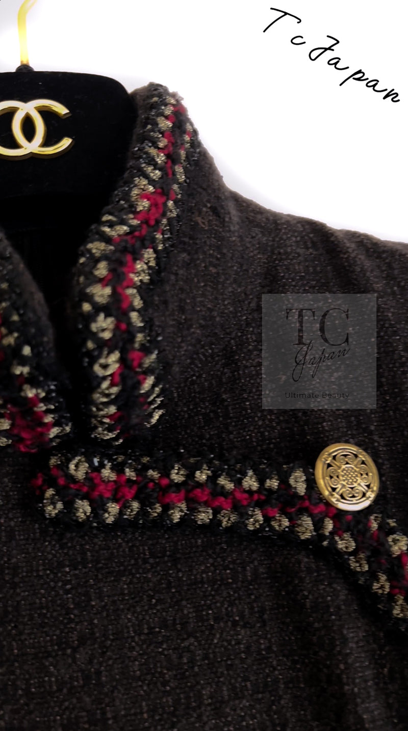 CHANEL 10PF Dark Brown Metallic Trim Wool Coat Dress 40 42 シャネル ダークブラウン メタリック トリム ウール コート ワンピース 即発