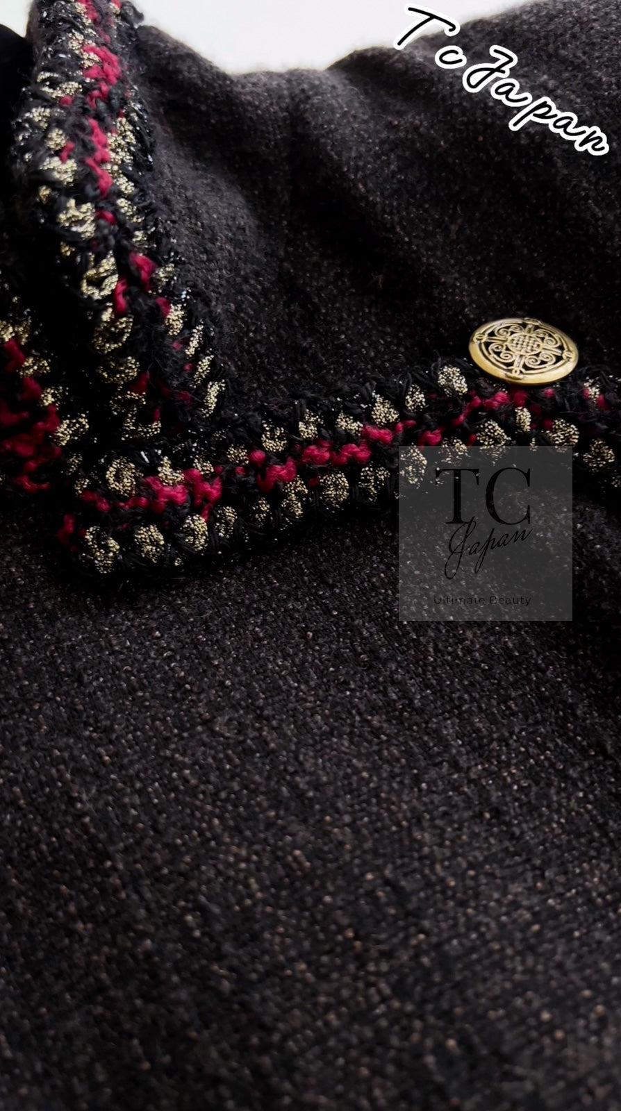 CHANEL 10PF Dark Brown Metallic Trim Wool Coat Dress 40 42 シャネル ダークブラウン メタリック トリム ウール コート ワンピース 即発