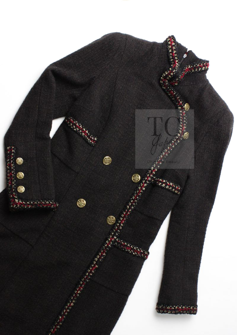 CHANEL 10PF Dark Brown Metallic Trim Wool Coat Dress 40 42 シャネル ダークブラウン メタリック トリム ウール コート ワンピース 即発