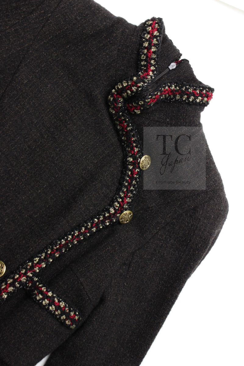CHANEL 10PF Dark Brown Metallic Trim Wool Coat Dress 40 42 シャネル ダークブラウン メタリック トリム ウール コート ワンピース 即発