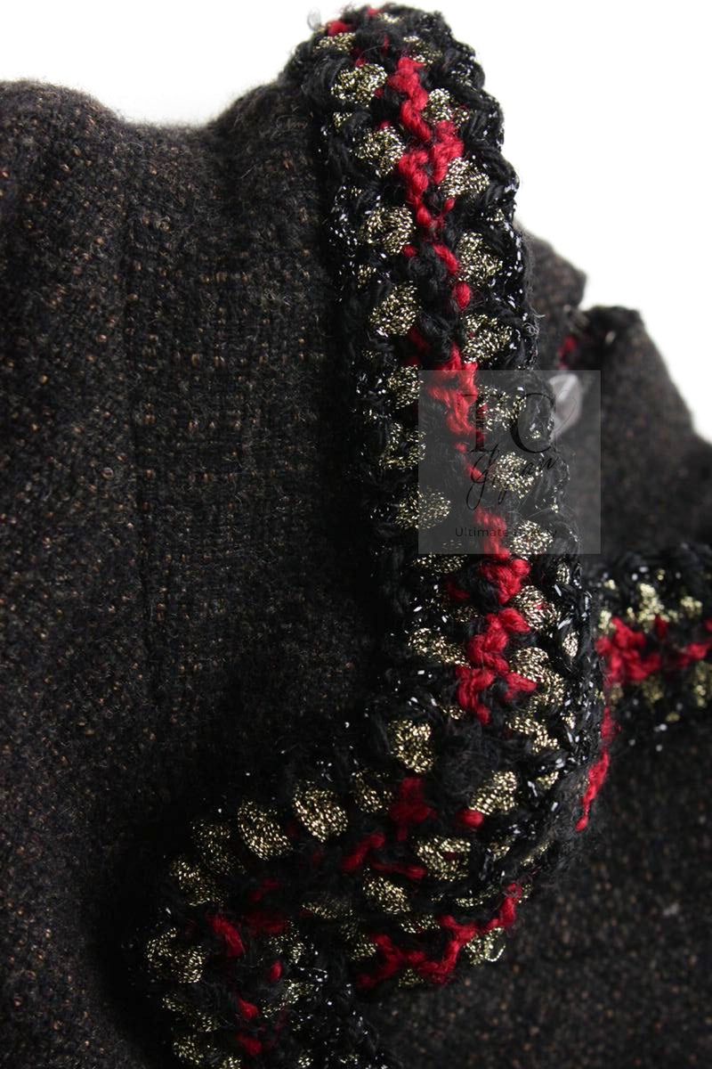 CHANEL 10PF Dark Brown Metallic Trim Wool Coat Dress 40 42 シャネル ダークブラウン メタリック トリム ウール コート ワンピース 即発