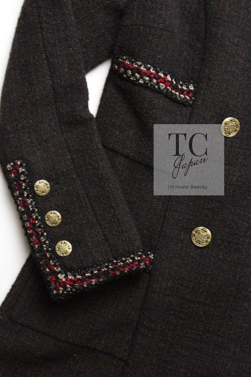 CHANEL 10PF Dark Brown Metallic Trim Wool Coat Dress 40 42 シャネル ダークブラウン メタリック トリム ウール コート ワンピース 即発