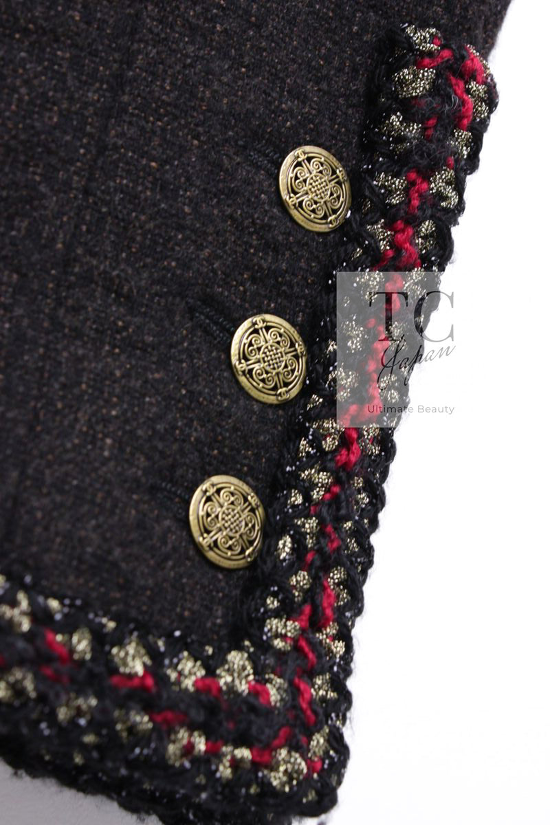 CHANEL 10PF Dark Brown Metallic Trim Wool Coat Dress 40 42 シャネル ダークブラウン メタリック トリム ウール コート ワンピース 即発