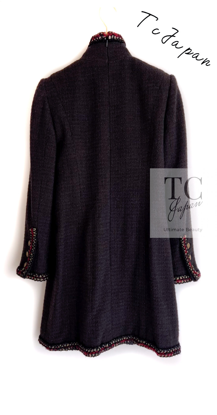 CHANEL 10PF Dark Brown Metallic Trim Wool Coat Dress 40 42 シャネル ダークブラウン メタリック トリム ウール コート ワンピース 即発