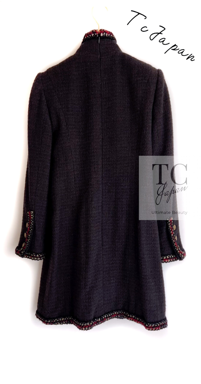 CHANEL 10PF Dark Brown Metallic Trim Wool Coat Dress 40 42 シャネル ダークブラウン メタリック トリム ウール コート ワンピース 即発