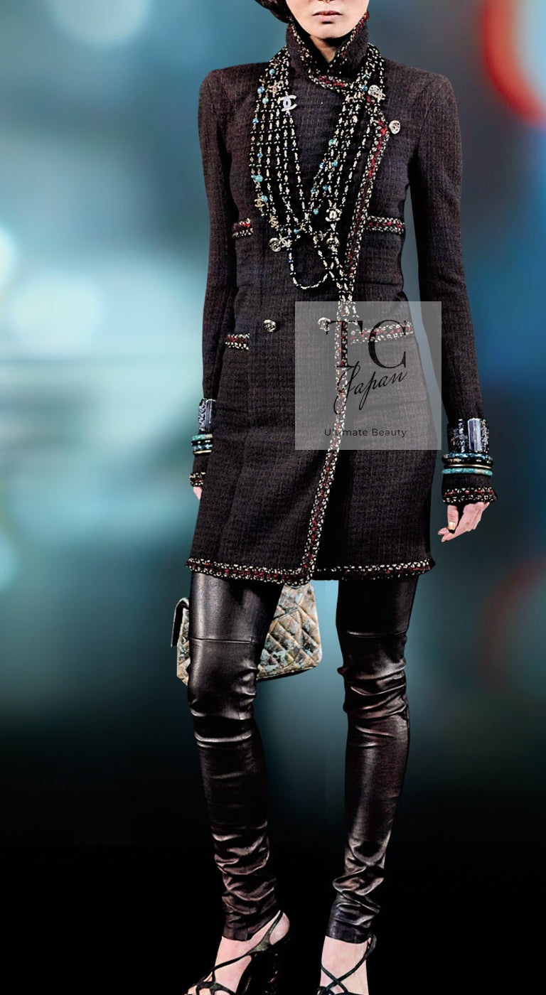 CHANEL 10PF Dark Brown Metallic Trim Wool Coat Dress 40 42 シャネル ダークブラウン メタリック トリム ウール コート ワンピース 即発