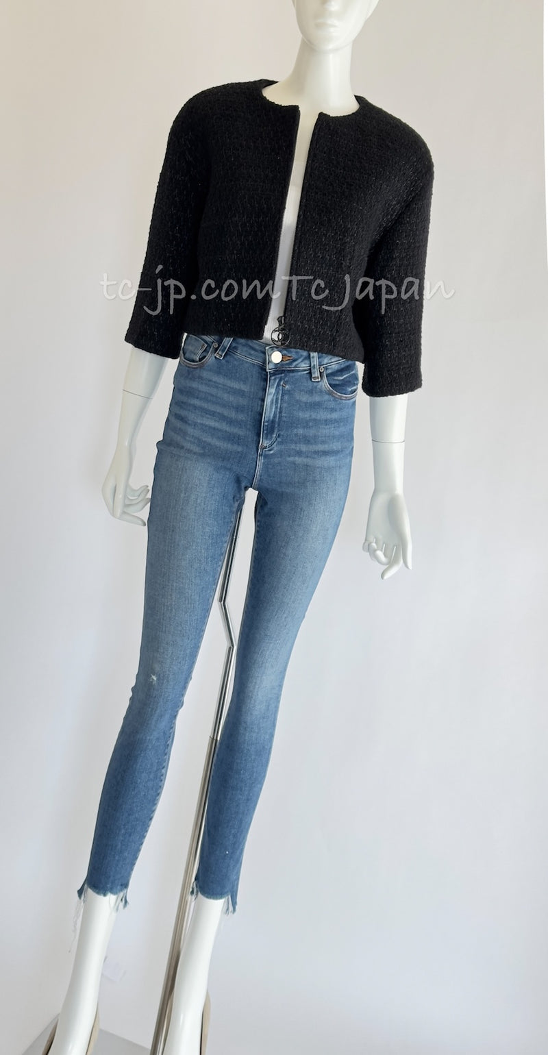 CHANEL 19B Black Metallic Zipper Wool Cropped Jacket 34 シャネル ブラック メタリック ジッパー ウール クロップド ジャケット 即発