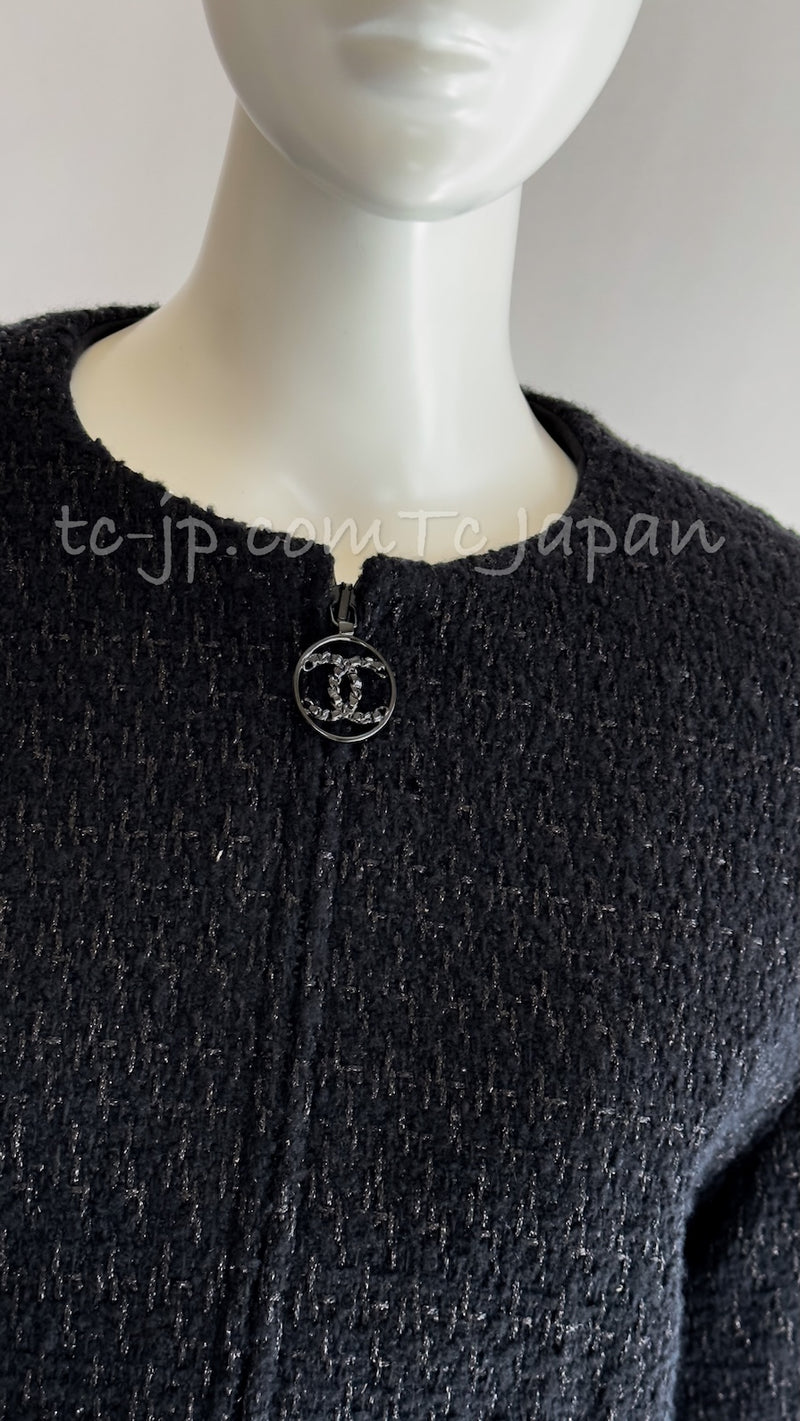 CHANEL 19B Black Metallic Zipper Wool Cropped Jacket 34 シャネル ブラック メタリック ジッパー ウール クロップド ジャケット 即発