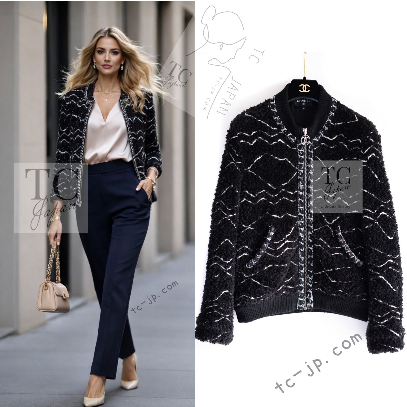 CHANEL 19B Black Alpaca CC Zipper Cardigan Jacket Blouson 36 38 シャネル ブラック アルパカ ジッパー カーディガン ジャケット ジャンパー ブルゾン 即発