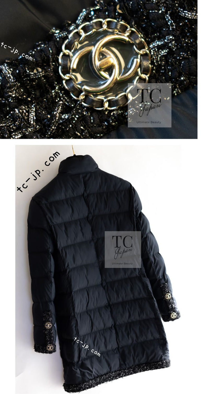 CHANEL 18A Black Metallic Trim Puffer Jacket Coat 34 シャネル ブラック メタリック トリム ココボタン 中綿ダウン ジャケット コート 即発