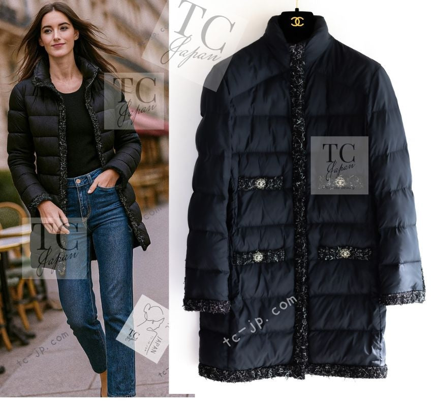 CHANEL 18A Black Metallic Trim Puffer Jacket Coat 38 シャネル ブラック メタリック トリム ココボタン 中綿ダウン ジャケット コート 即発