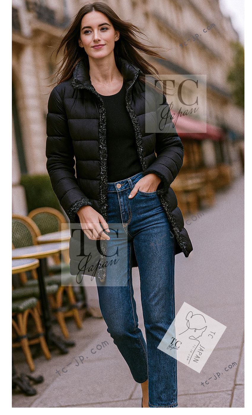 CHANEL 18A Black Metallic Trim Puffer Jacket Coat 38 シャネル ブラック メタリック トリム ココボタン 中綿ダウン ジャケット コート 即発