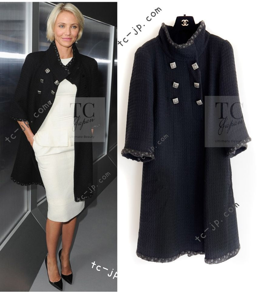 CHANEL 11PF Black Square Jeweled Button Wool Tweed Jacket Coat 36 38 シャネル ブラック スクエア グリポワ ボタン ウール ツイード ジャケット コート 即発