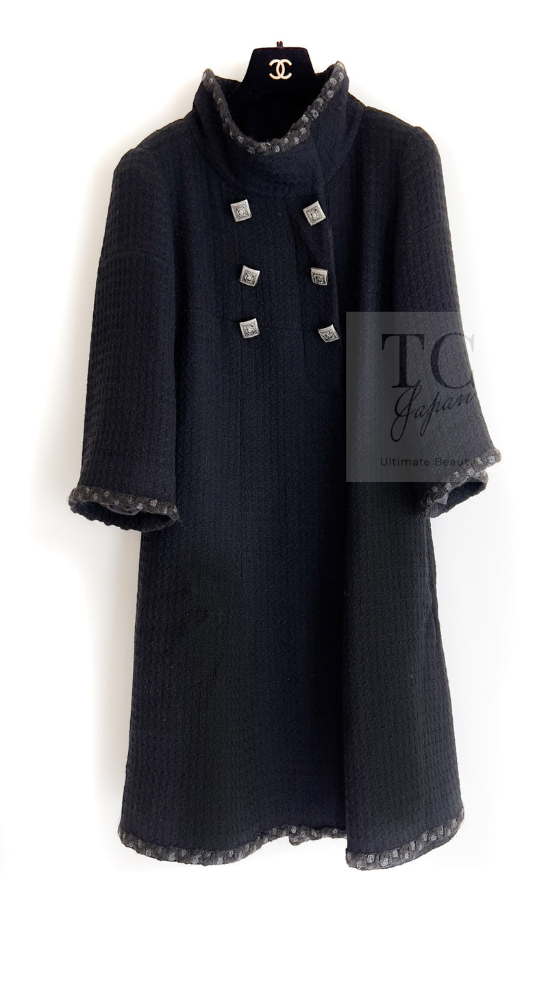 CHANEL 11PF Black Square Jeweled Button Wool Tweed Jacket Coat 36 38 シャネル ブラック スクエア グリポワ ボタン ウール ツイード ジャケット コート 即発