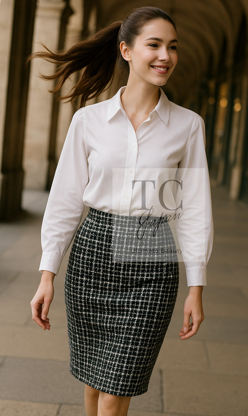 【美品✨】CHANELシャネル★ ツイード★スカート★カシミヤ★膝丈★34 シャネル ブラック ホワイト ウール コットン ツイード スカート