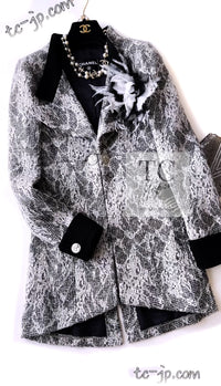 CHANEL 16PF Black White Gray Lace Jacket Coat 36 シャネル ブラック ホワイト グレー レース ジャケット コート 即発