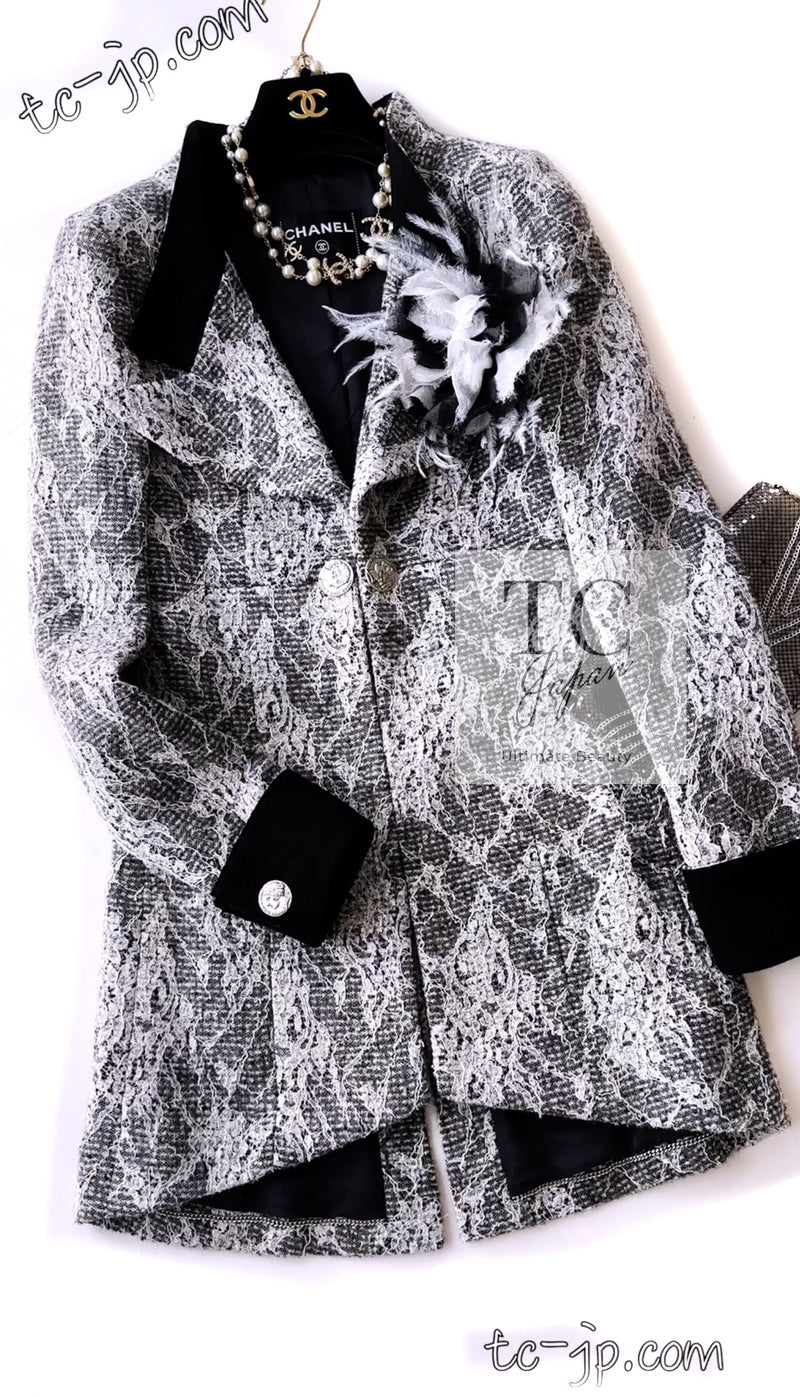 CHANEL 16PF Black White Gray Lace Jacket Coat 36 シャネル ブラック ホワイト グレー レース ジャケット コート 即発