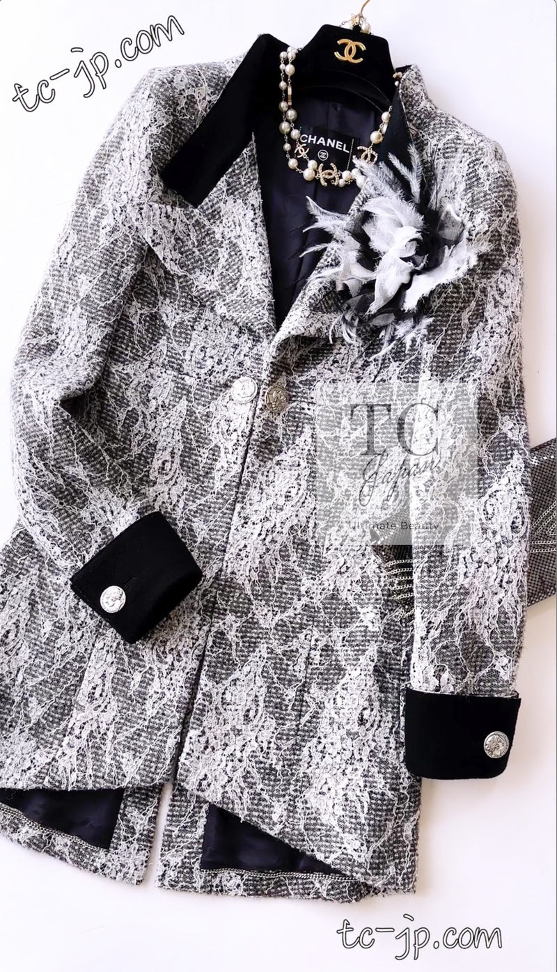 CHANEL 16PF Black White Gray Lace Jacket Coat 36 シャネル ブラック ホワイト グレー レース ジャケット コート 即発