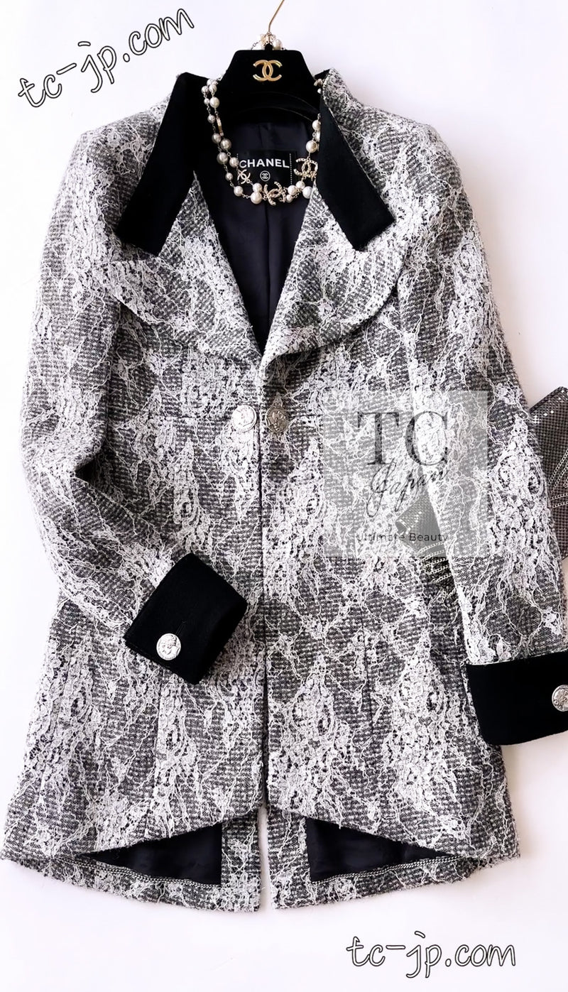 CHANEL 16PF Black White Gray Lace Jacket Coat 36 シャネル ブラック ホワイト グレー レース ジャケット コート 即発