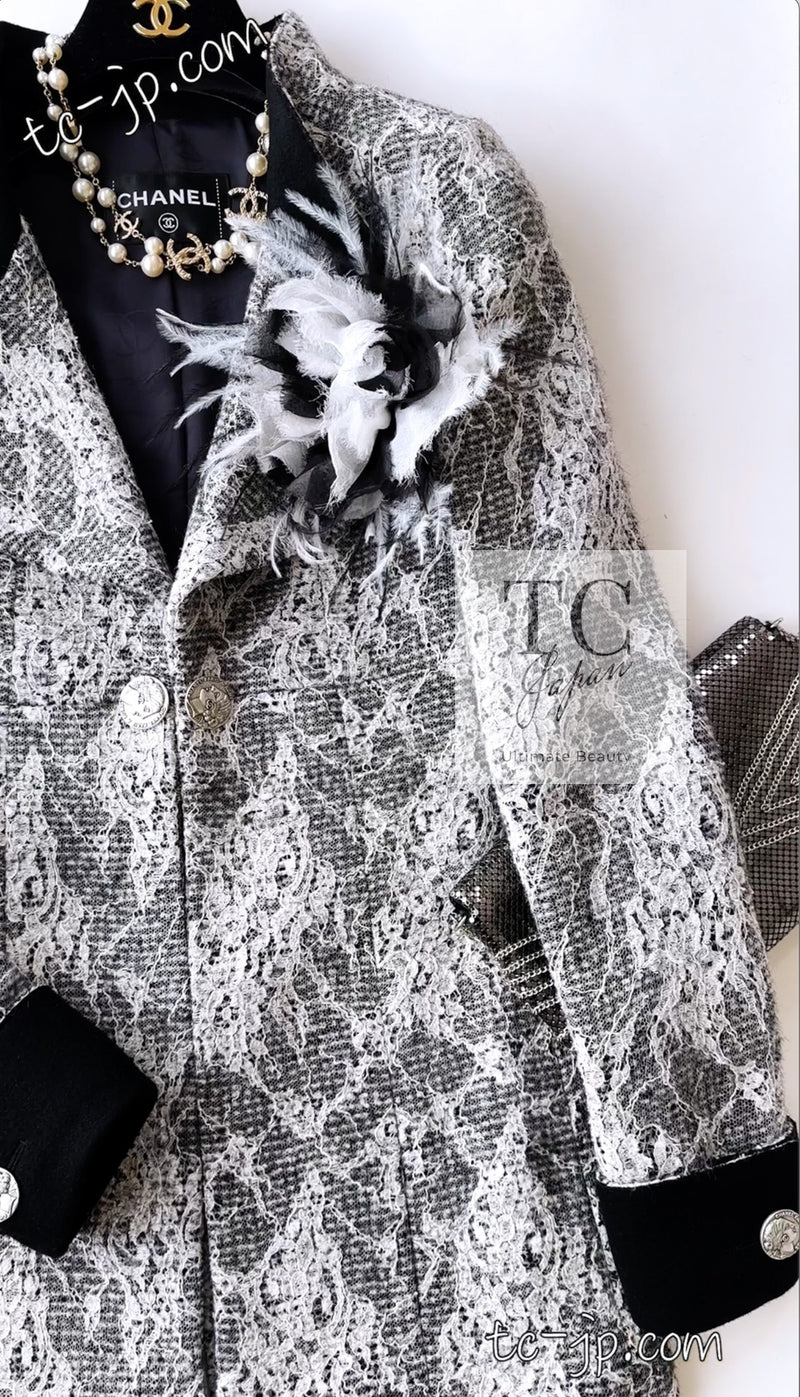 CHANEL 16PF Black White Gray Lace Jacket Coat 36 シャネル ブラック ホワイト グレー レース ジャケット コート 即発