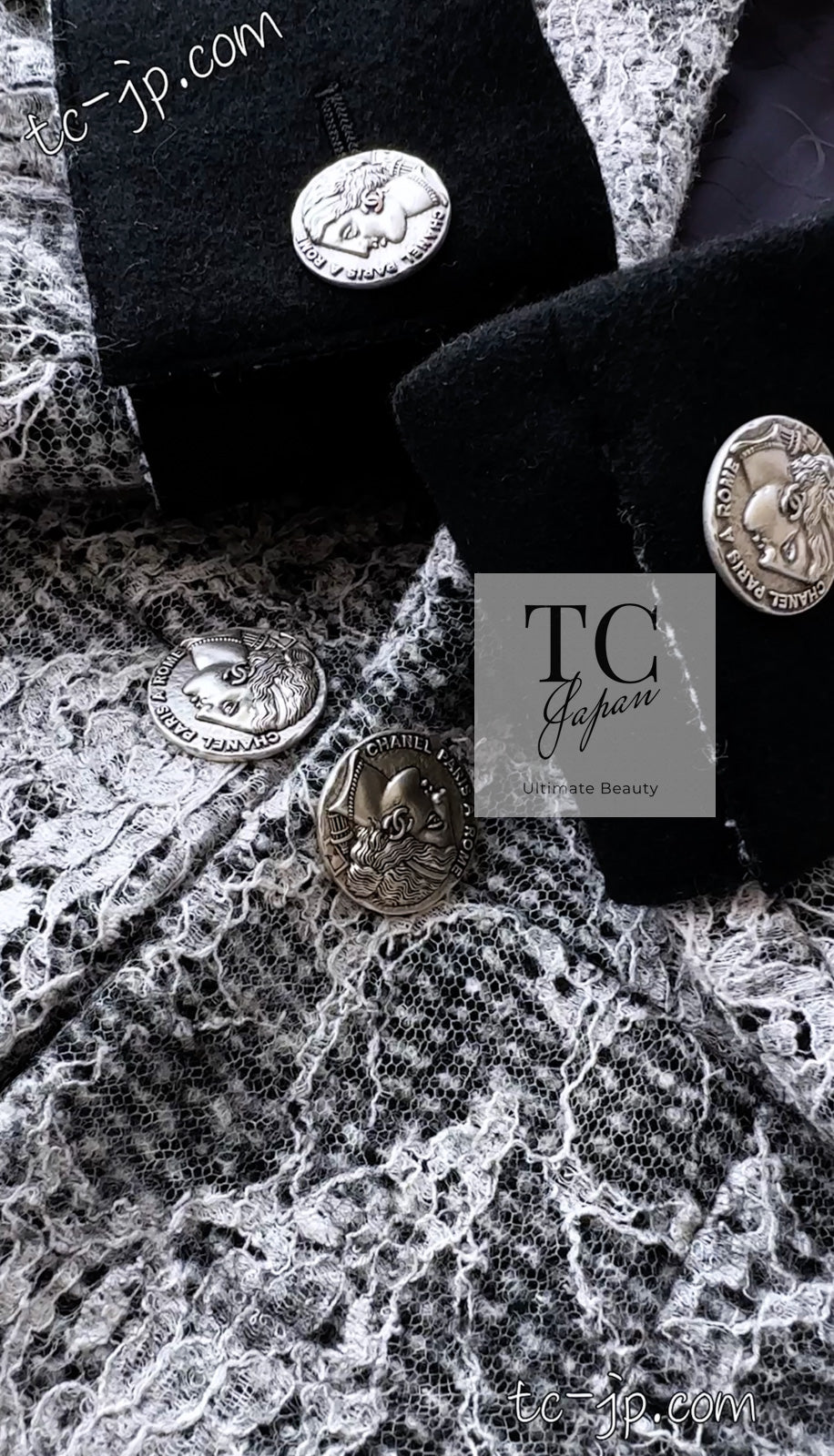 CHANEL 16PF Black White Gray Lace Jacket Coat 36 シャネル ブラック ホワイト グレー レース ジャケット コート 即発