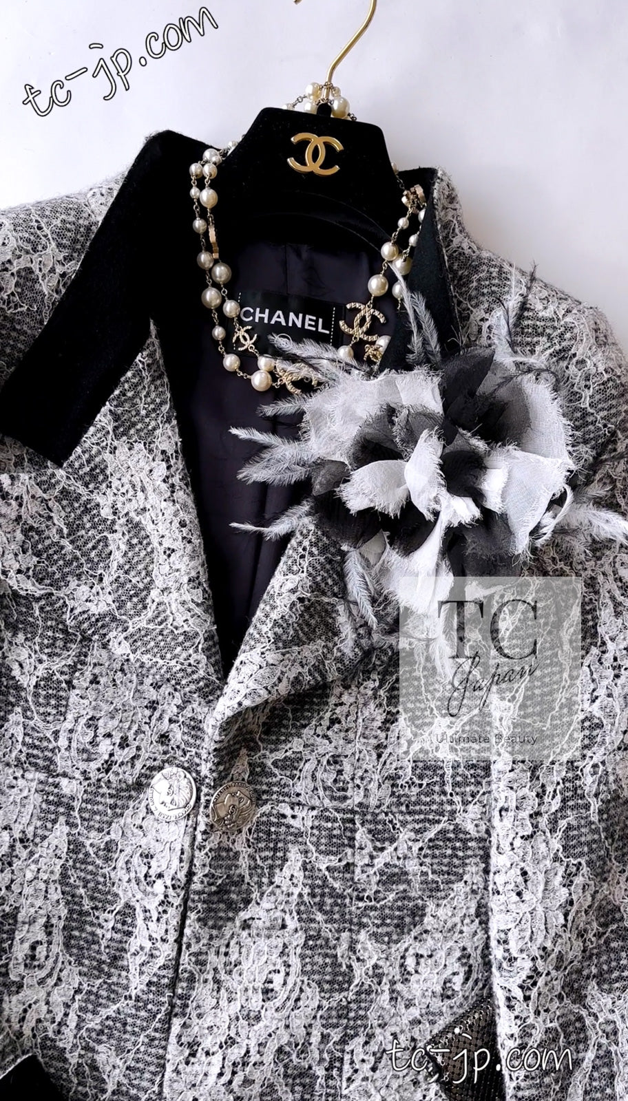 CHANEL 16PF Black White Gray Lace Jacket Coat 36 シャネル ブラック ホワイト グレー レース ジャケット コート 即発