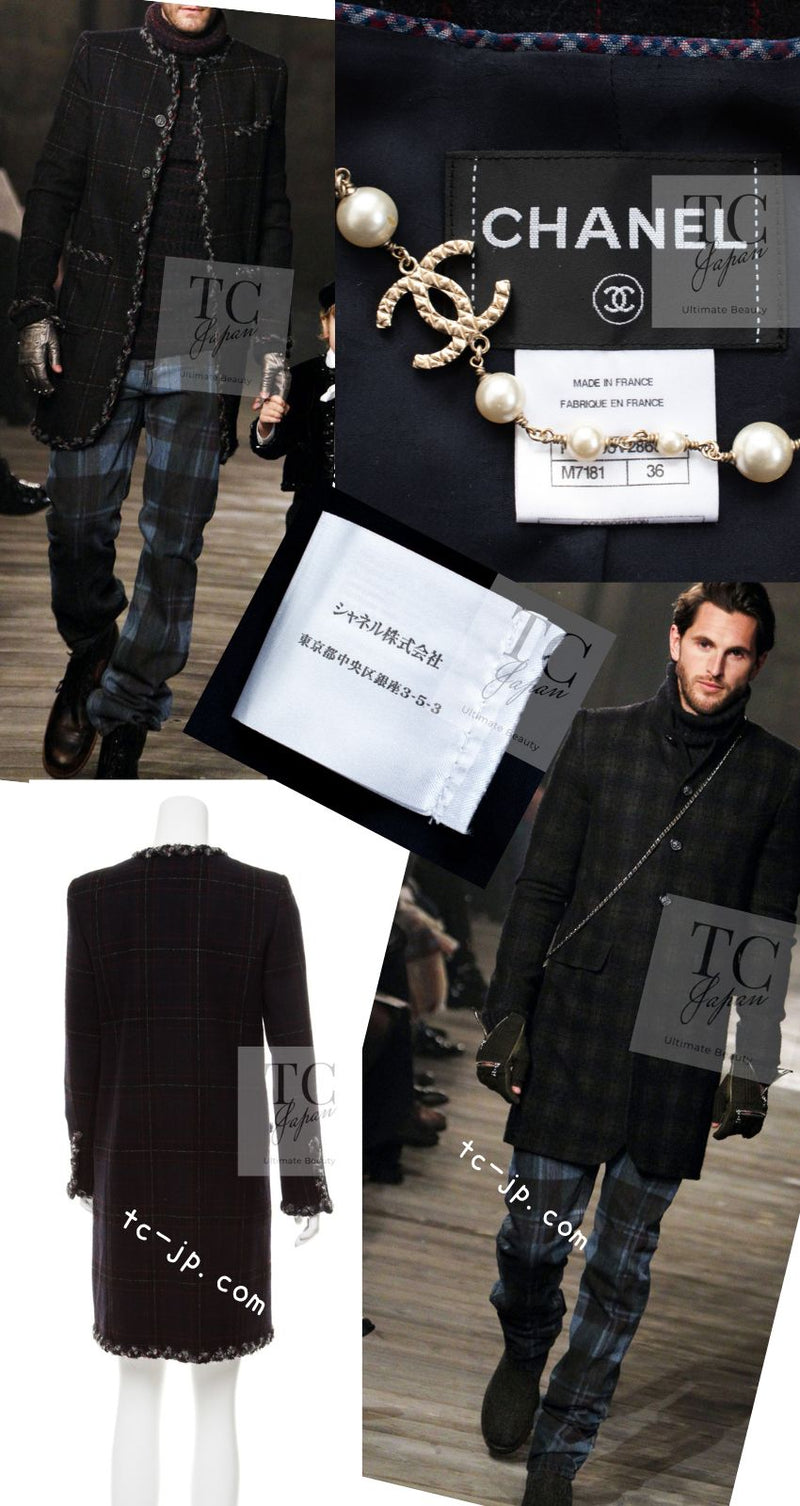 CHANEL 13PF Black Check Wool Cashmere Jacket Coat 36 シャネル ブラック チェック ウール カシミヤ ノーカラー ジャケット コート 即発