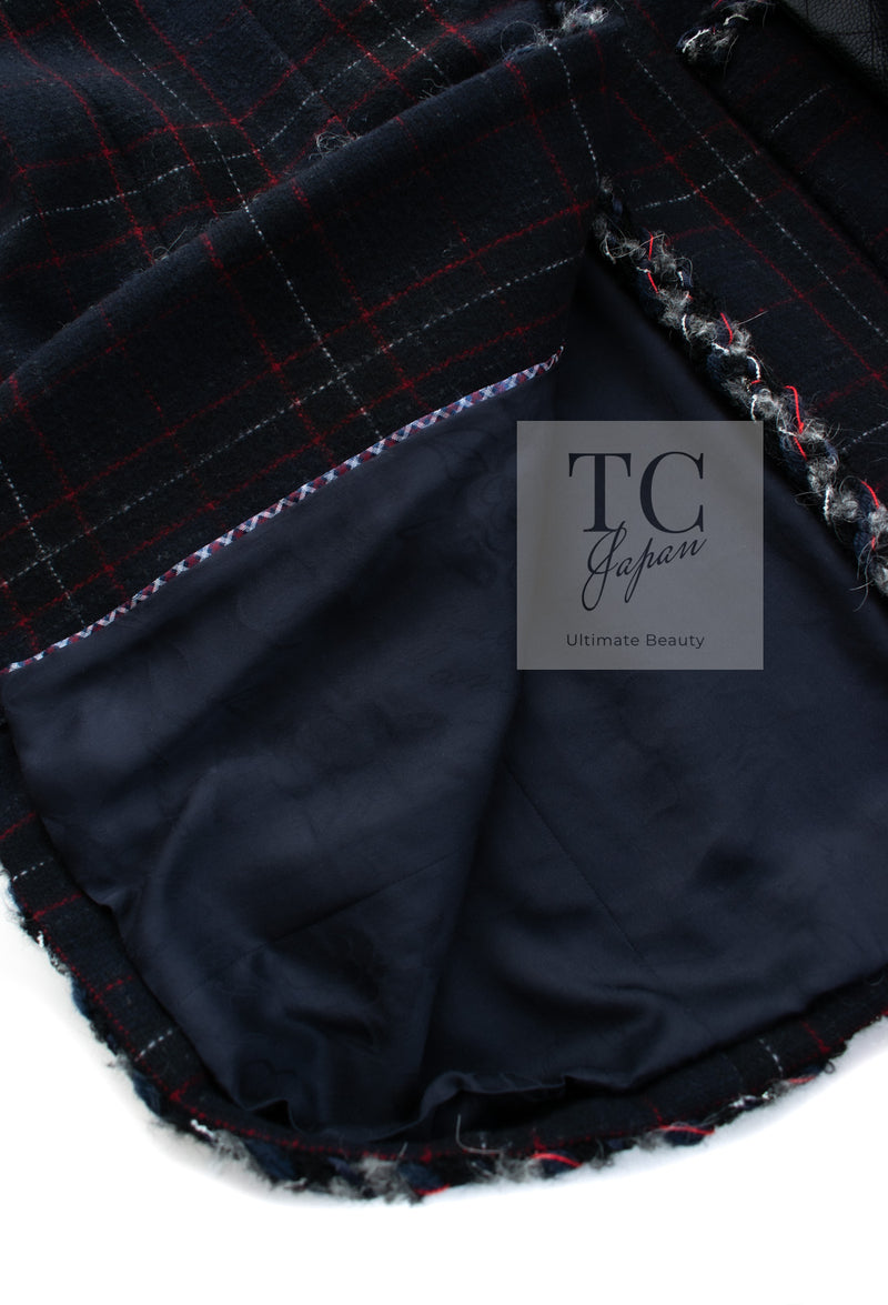 CHANEL 13PF Black Check Wool Cashmere Jacket Coat 36 シャネル ブラック チェック ウール カシミヤ ノーカラー ジャケット コート 即発