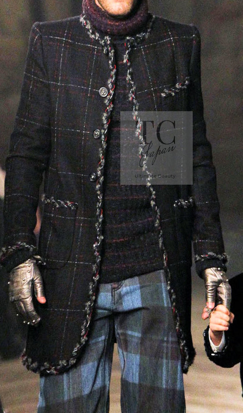 CHANEL 13PF Black Check Wool Cashmere Jacket Coat 36 シャネル ブラック チェック ウール カシミヤ ノーカラー ジャケット コート 即発