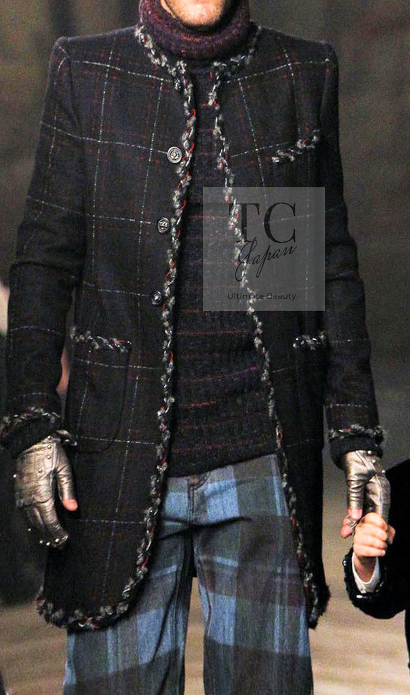 CHANEL 13PF Black Check Wool Cashmere Jacket Coat 36 シャネル ブラック チェック ウール カシミヤ ノーカラー ジャケット コート 即発