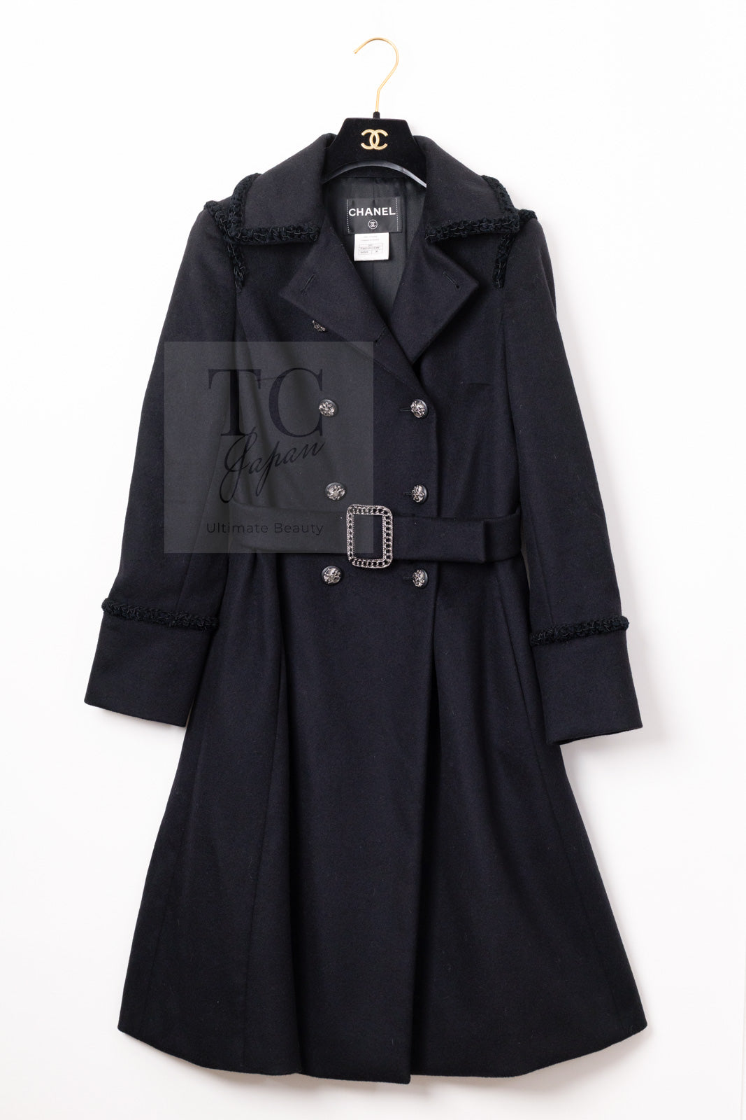 CHANEL 09PF Black Cashmere Belt Double Coat 36 38 シャネル ブラック カシミア ベルト ダブル コート 即発