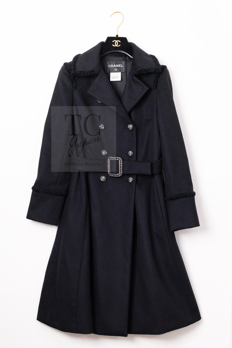 CHANEL 09PF Black Cashmere Belt Double Coat 36 38 シャネル ブラック カシミア ベルト ダブル コート 即発