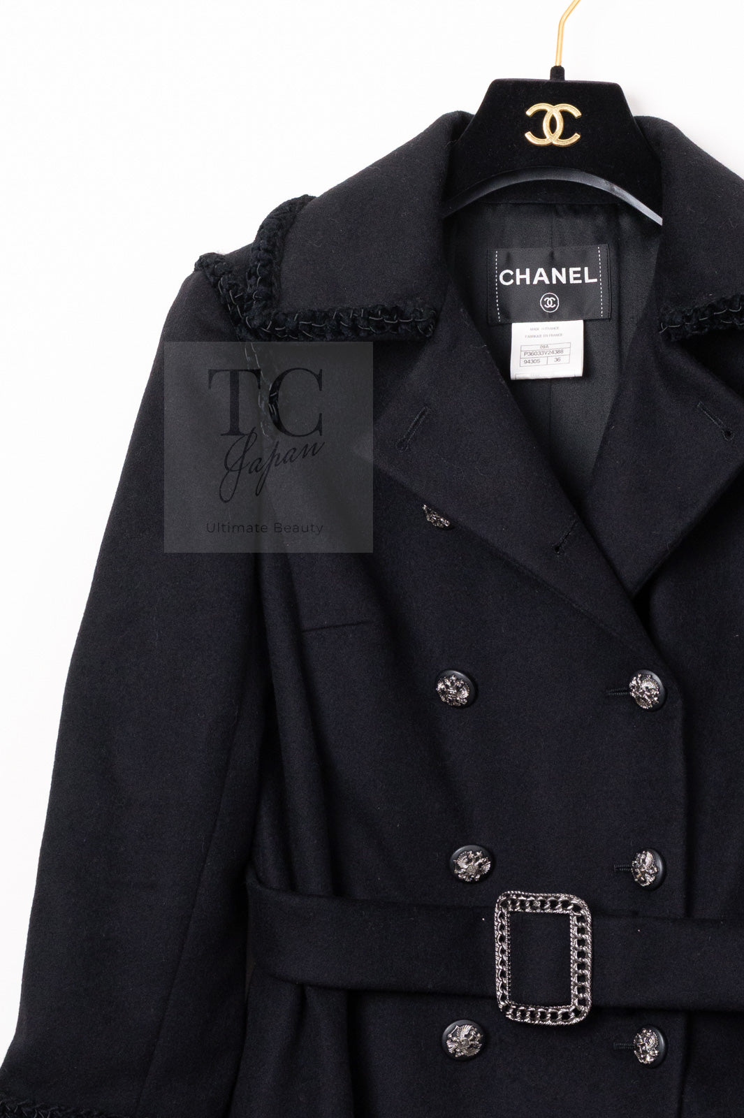 CHANEL 09PF Black Cashmere Belt Double Coat 36 38 シャネル ブラック カシミア ベルト ダブル コート 即発