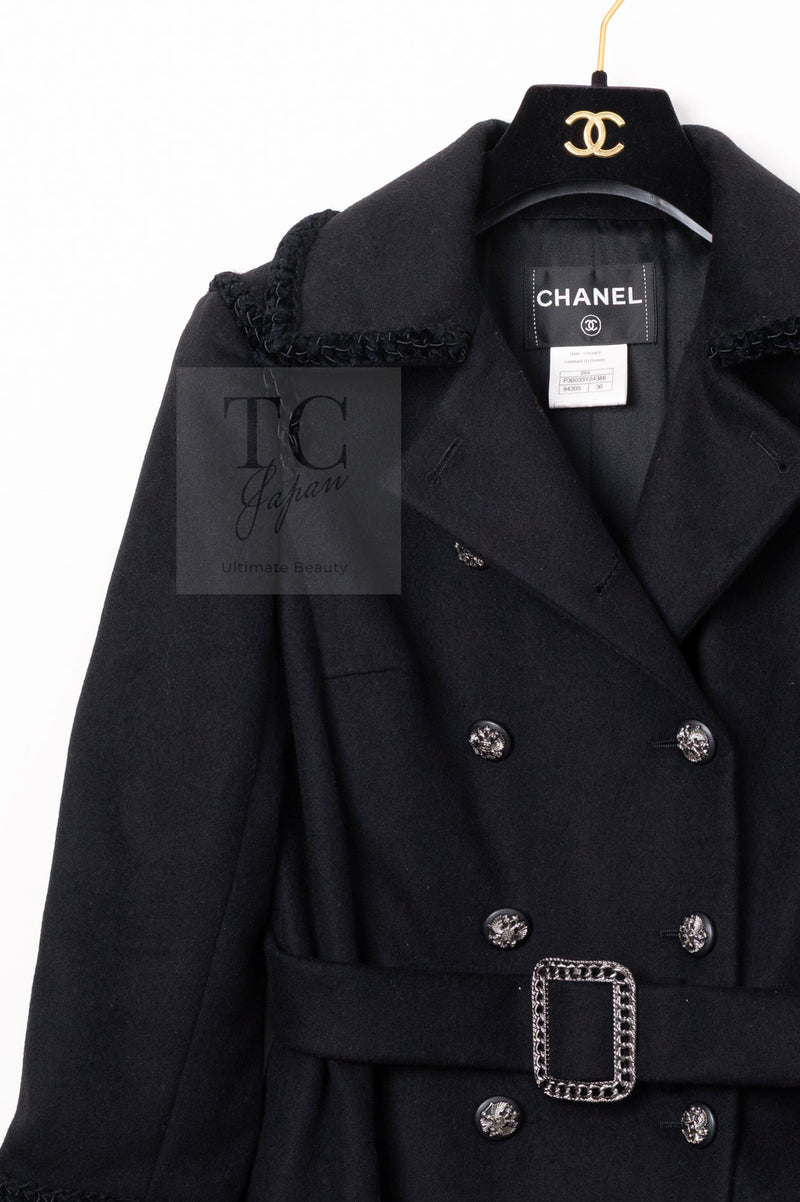 CHANEL 09PF Black Cashmere Belt Double Coat 36 38 シャネル ブラック カシミア ベルト ダブル コート 即発