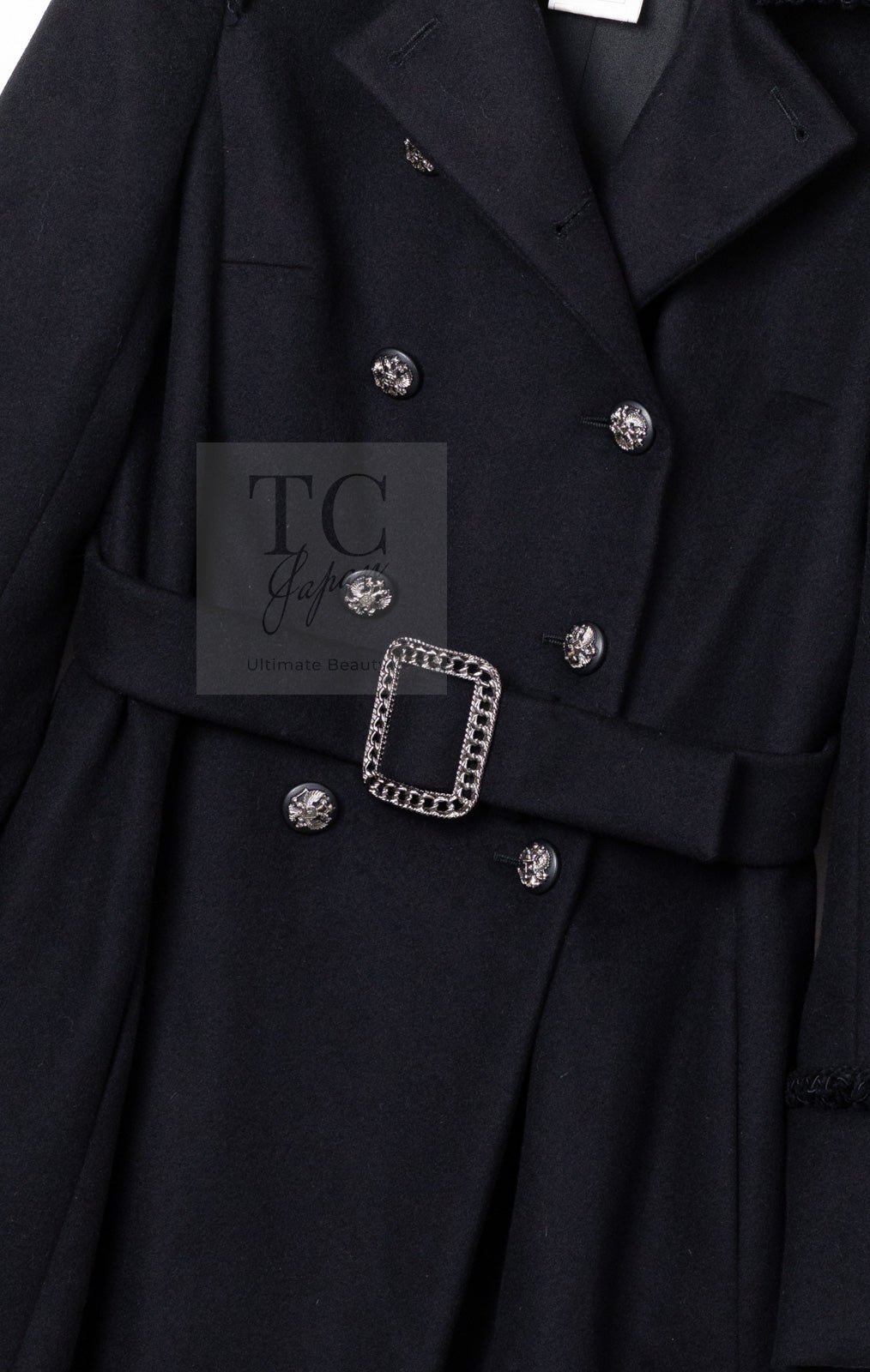 CHANEL 09PF Black Cashmere Belt Double Coat 36 38 シャネル ブラック カシミア ベルト ダブル コート 即発