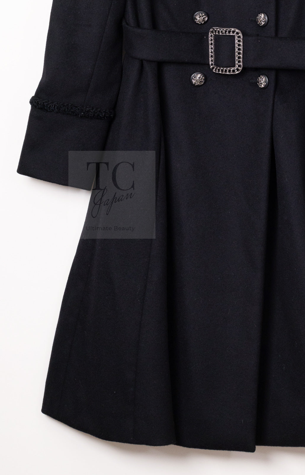 CHANEL 09PF Black Cashmere Belt Double Coat 36 38 シャネル ブラック カシミア ベルト ダブル コート 即発