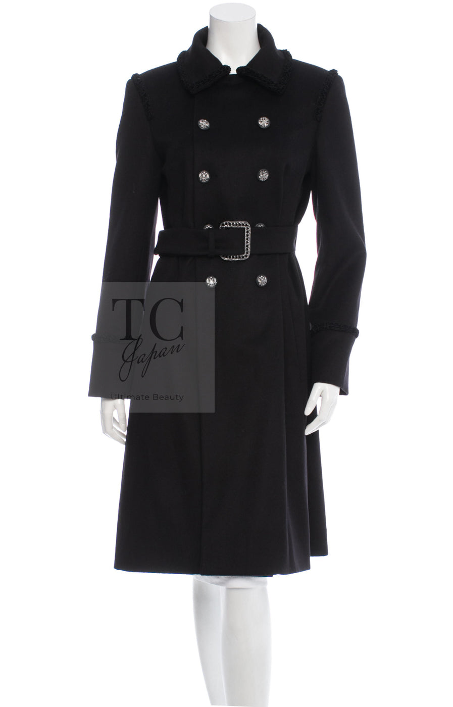 CHANEL 09PF Black Cashmere Belt Double Coat 36 38 シャネル ブラック カシミア ベルト ダブル コート 即発