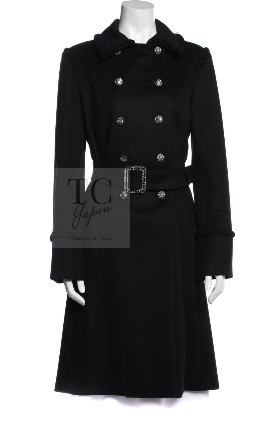 CHANEL 09PF Black Cashmere Belt Double Coat 36 38 シャネル ブラック カシミア ベルト ダブル コート 即発