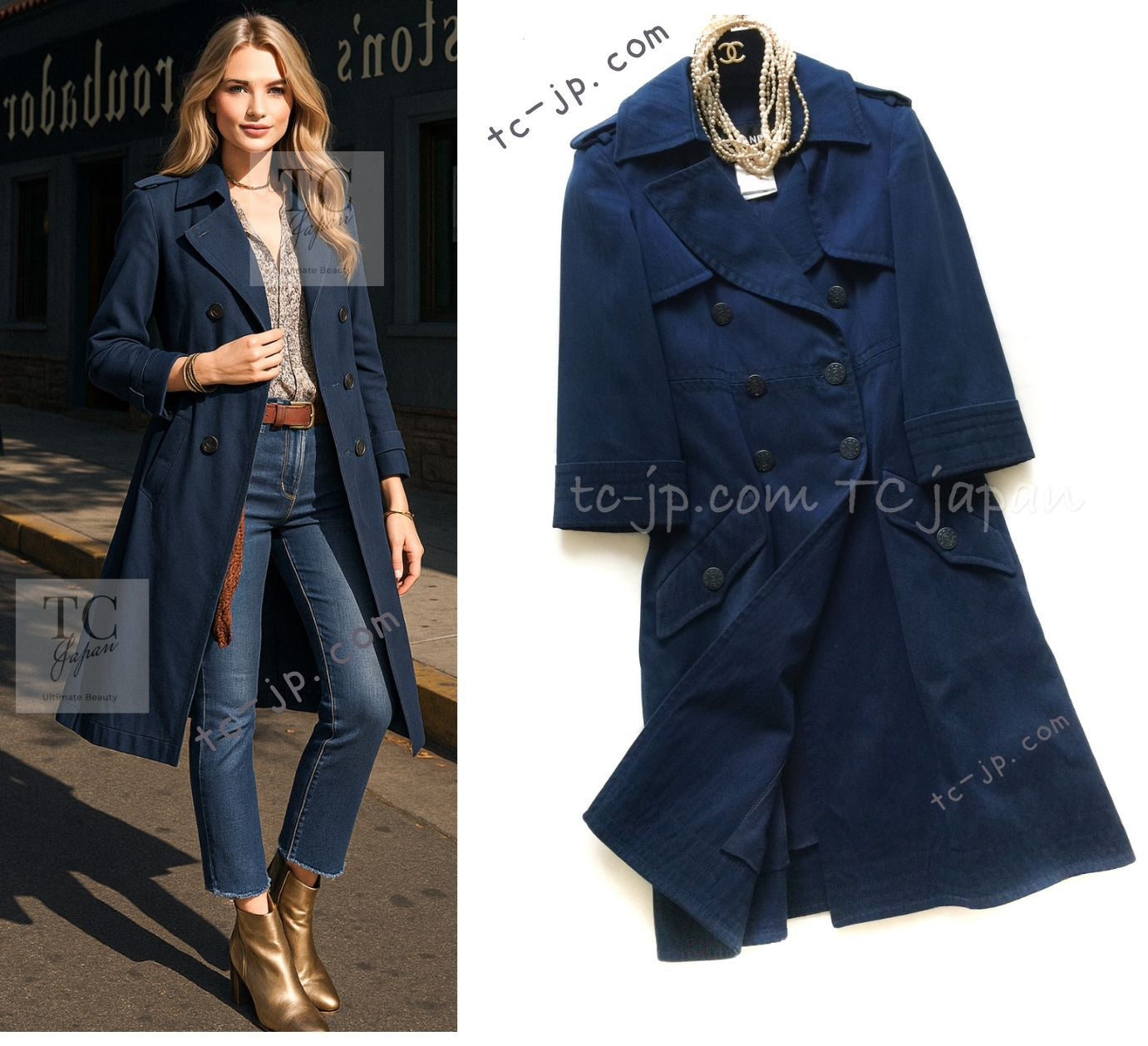 シャネル トレンチ コート CHANEL ネイビー コットン ギャバジン 13S