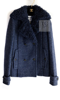 CHANEL 12A Navy Boa Collars Wool Double Breasted Tweed Jacket Coat 36 38 シャネル ネイビー ボア襟付き ウール ダブル コート ジャケット 即発