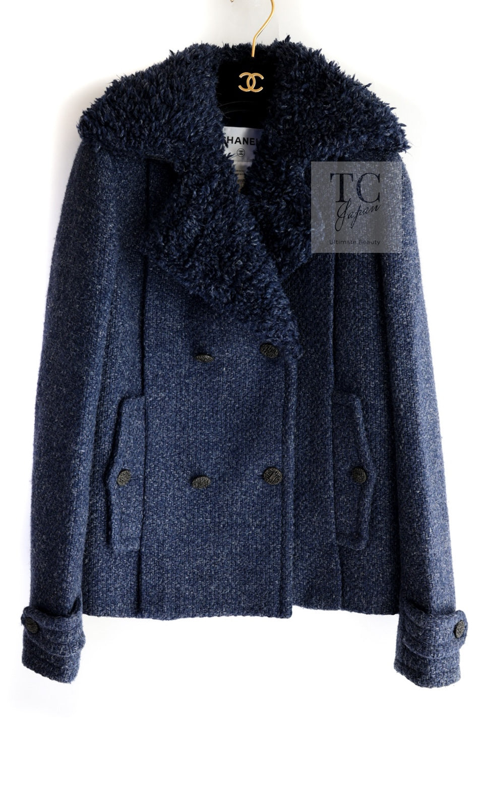 CHANEL 12A Navy Boa Collars Wool Double Breasted Tweed Jacket Coat 36 38 シャネル ネイビー ボア襟付き ウール ダブル コート ジャケット 即発